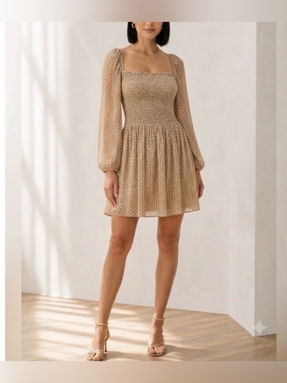 New Kourt Smocked Babydoll Mini Dress | Long Sleeve Square Neck Boho Boutique